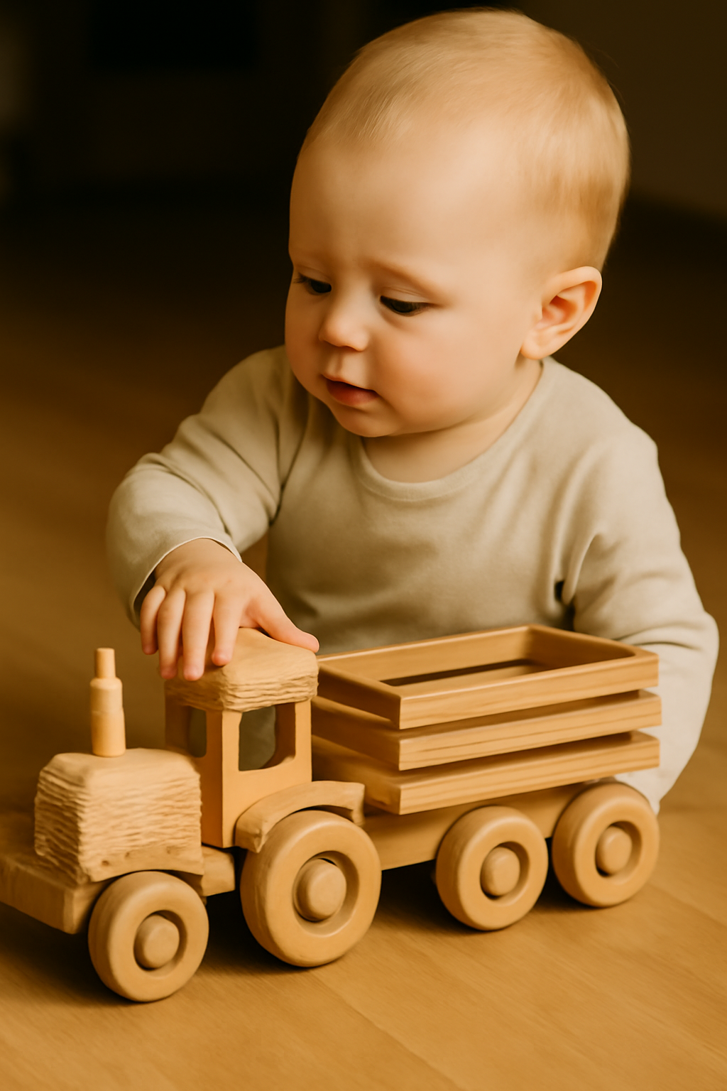 Timeless Play: A Baby's First Wooden Tractor Adventure