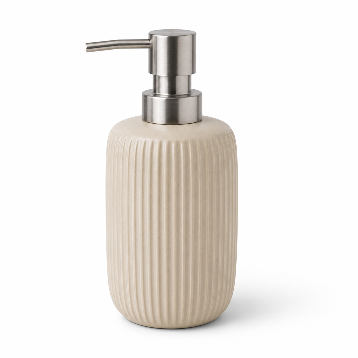 Libri e balocchi Ribbed Ceramic Soap Dispenser – Matte Beige Bathroom Lotion Pump Bottle with Stainless Steel Dispenser – Modern Minimalist Bathroom Accessory