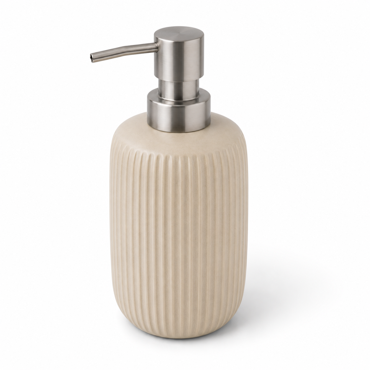 Libri e balocchi Ribbed Ceramic Soap Dispenser – Matte Beige Bathroom Lotion Pump Bottle with Stainless Steel Dispenser – Modern Minimalist Bathroom Accessory - Image 4