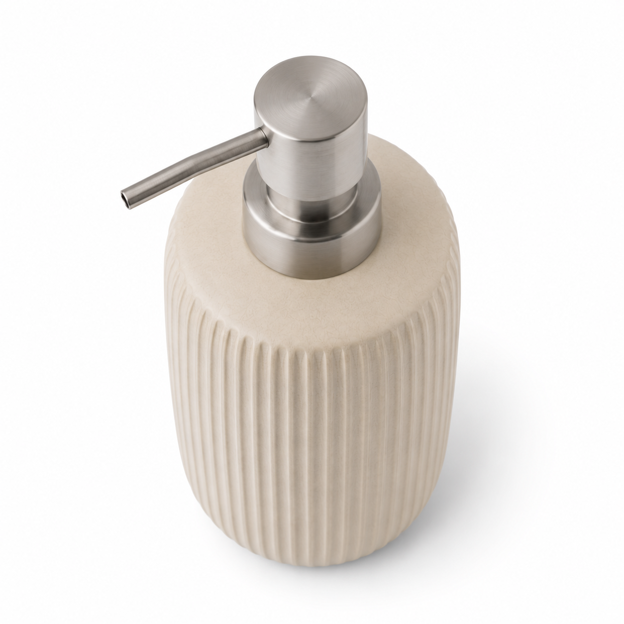 Libri e balocchi Ribbed Ceramic Soap Dispenser – Matte Beige Bathroom Lotion Pump Bottle with Stainless Steel Dispenser – Modern Minimalist Bathroom Accessory - Image 3