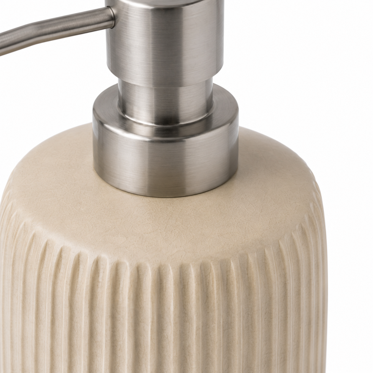Libri e balocchi Ribbed Ceramic Soap Dispenser – Matte Beige Bathroom Lotion Pump Bottle with Stainless Steel Dispenser – Modern Minimalist Bathroom Accessory - Image 5